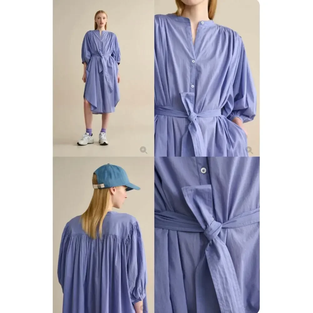 Bellerose Isis Blue 100% Cotton Oversized Gathered Back Midi Shirt Dress NWT OS